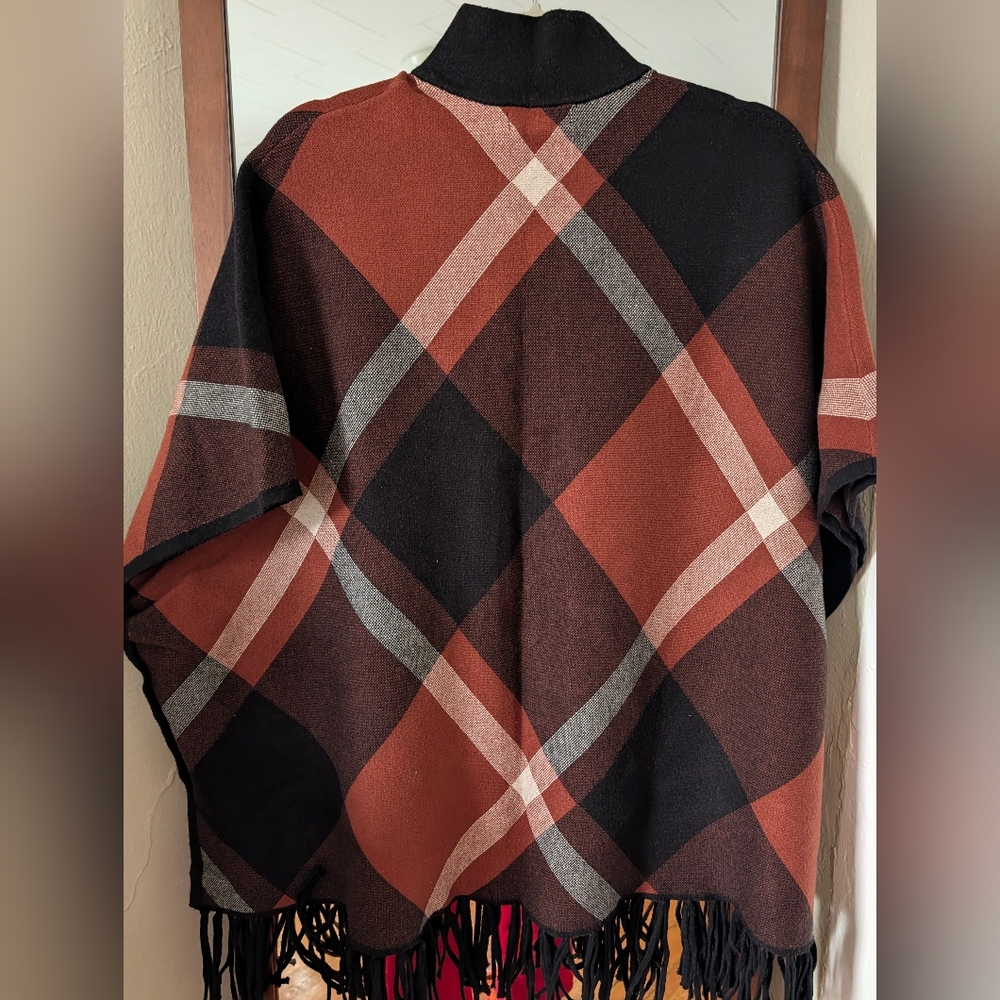 Rachel Zoe Plaid Fringe Women's Poncho Jacket S/M - Picture 2 of 7